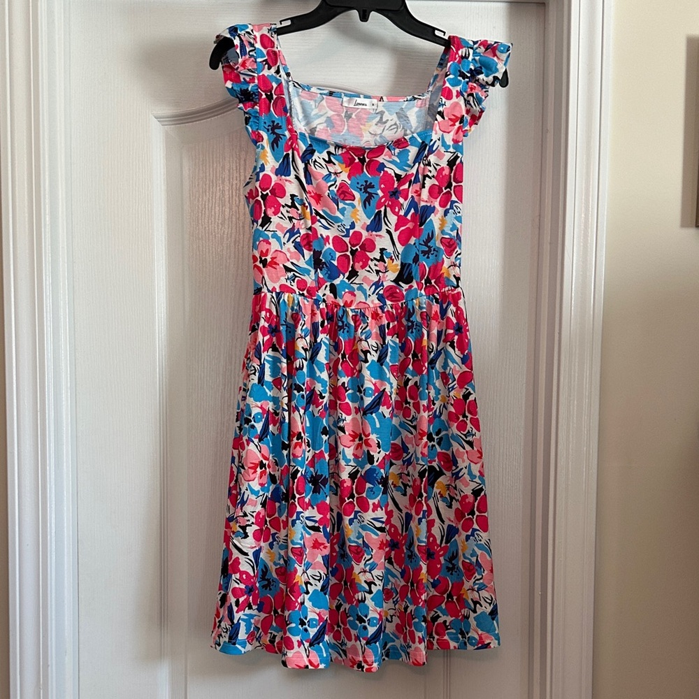 Floral Ruffle Sleeve Midi Dress - Pink & Blue